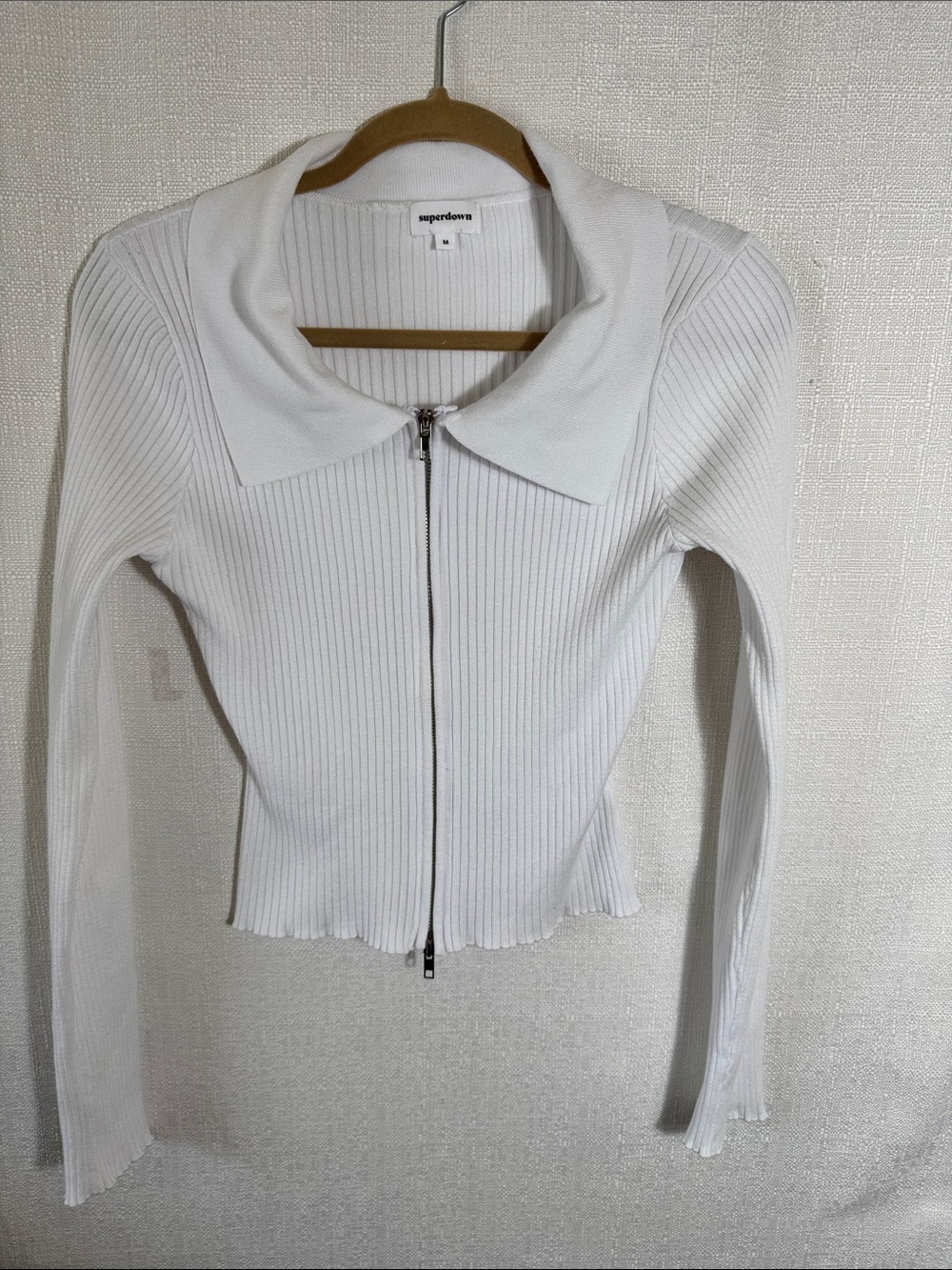 Superdown Revolve White Ribbed Zip Front Sweater Top Two-Way Zip Collared - Picture 3 of 8